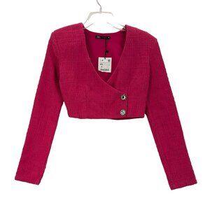 Zara Women Crop Blazer Women Size XS Tweed Rhinestone Button-Up Preppy City Y2K